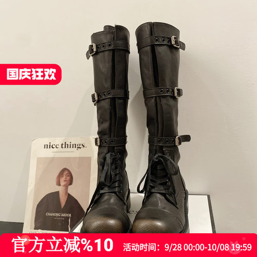 女擦色机车皮带扣高筒骑士靴