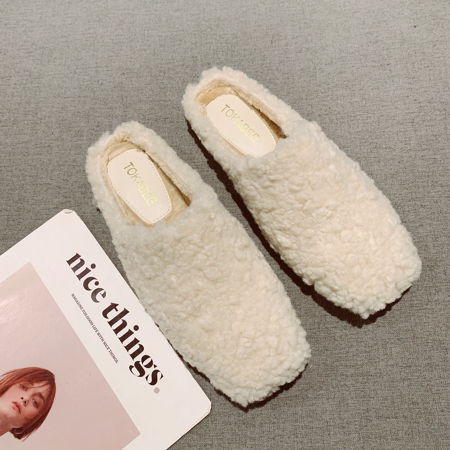 复古方头一脚套包头加绒毛毛鞋女