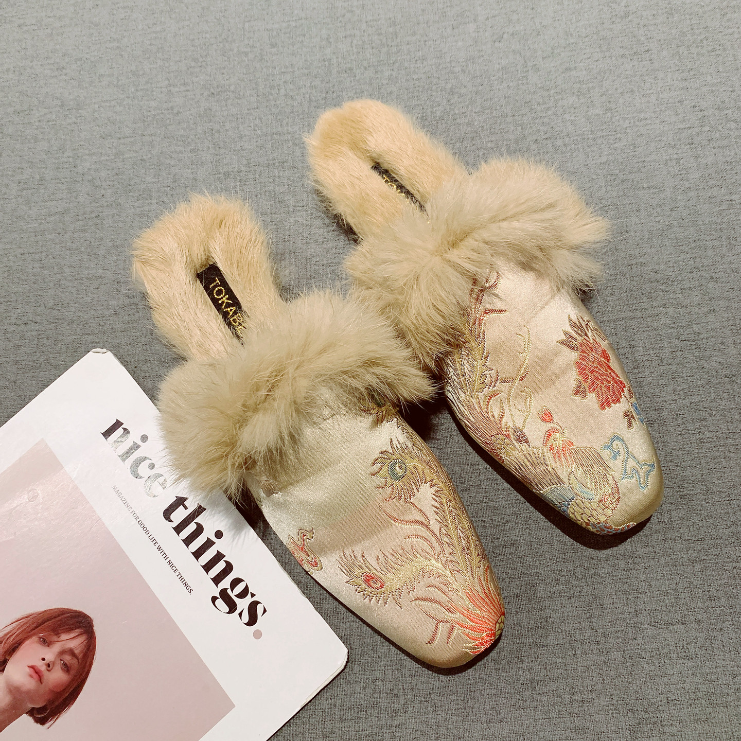 国风刺绣兔毛加绒包头半拖鞋女