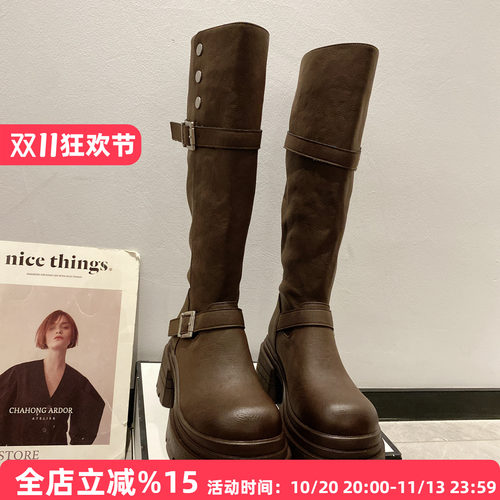 7CM复古厚底增高女高筒骑士靴