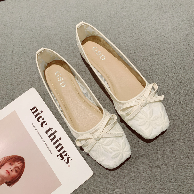 高端网纱平底单鞋女2025春夏新款镂空大码豆豆鞋透气浅口方头瓢鞋