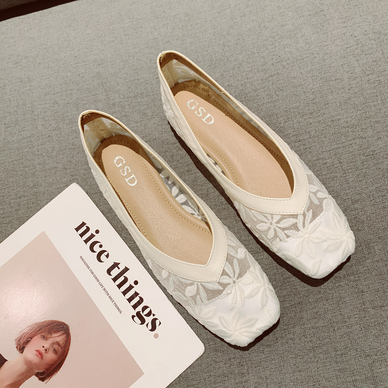 网纱透气软底豆豆鞋女方头平底鞋