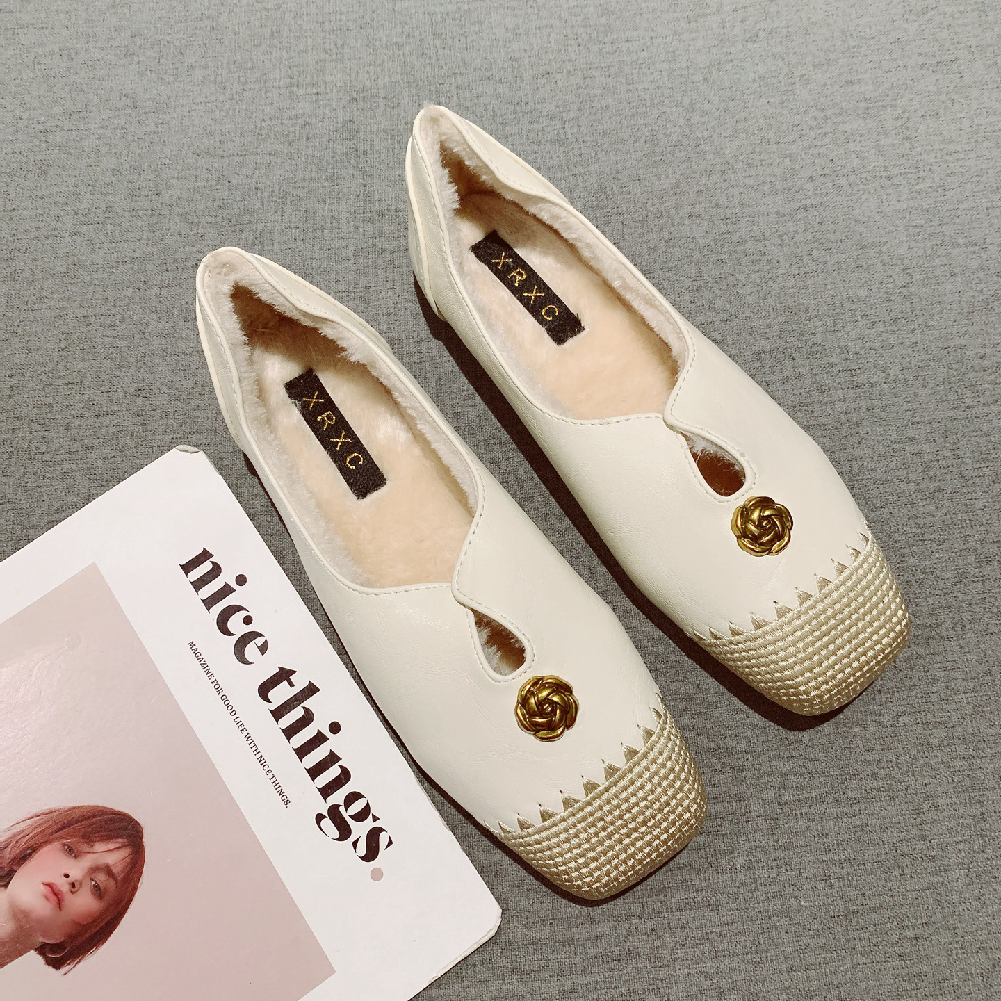 山茶花装饰拼接方头软底豆豆鞋女2025年新款一脚套加绒保暖毛毛鞋,女鞋,浅口单鞋,淘宝优惠券,粉丝福利购,淘宝优惠卷