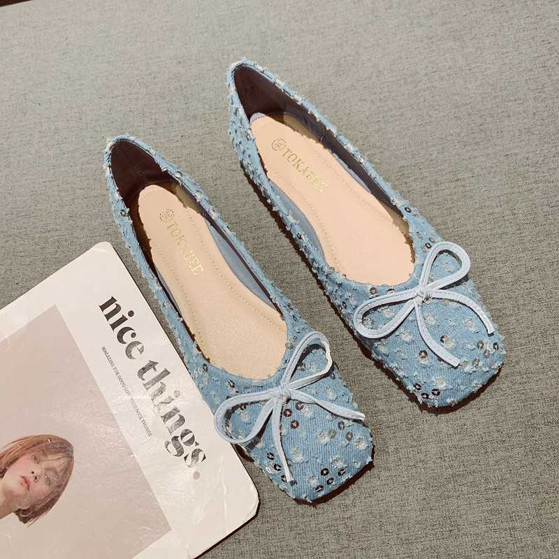 牛仔布面浅口方头平底单鞋女瓢鞋
