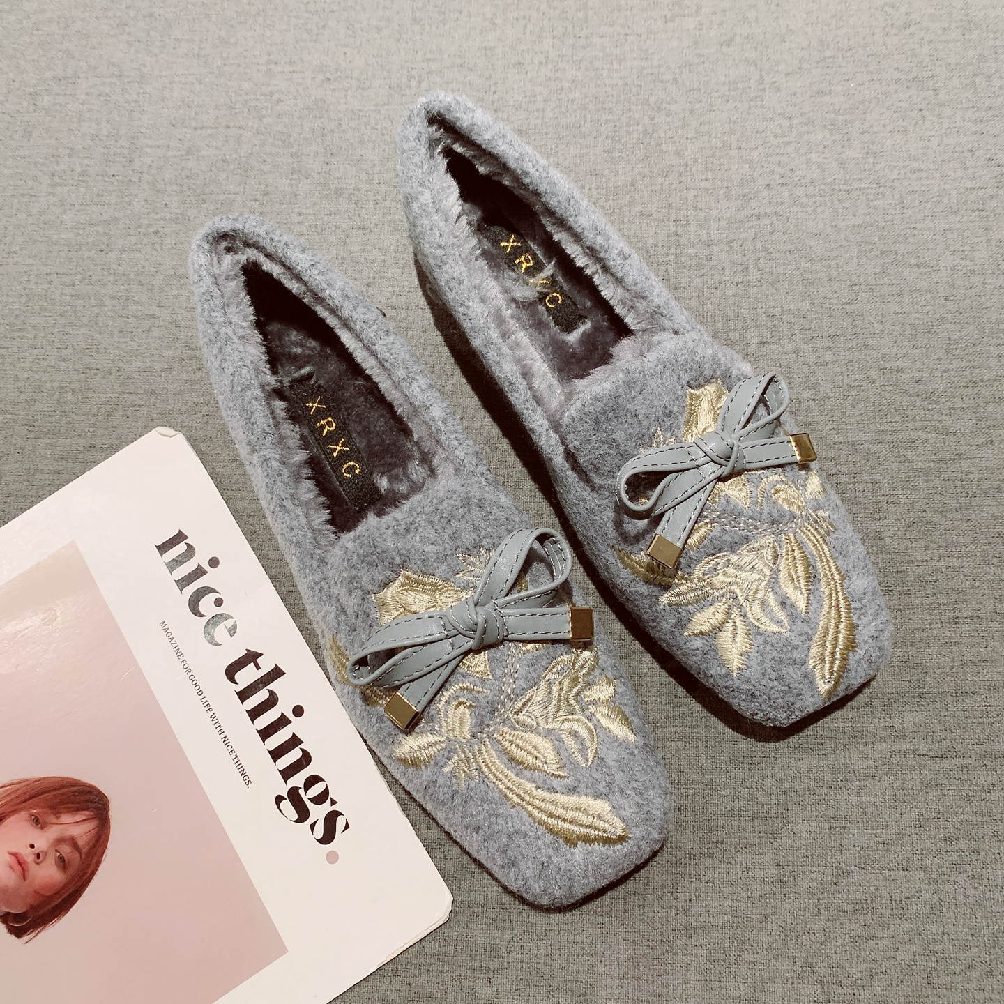 新中式蝴蝶结软底加绒毛毛鞋女