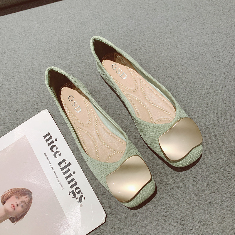 金属扣布面浅口方头软底豆豆鞋女2025年新款简约百搭平底大码单鞋,女鞋,浅口单鞋,淘宝优惠券,粉丝福利购,淘宝优惠卷