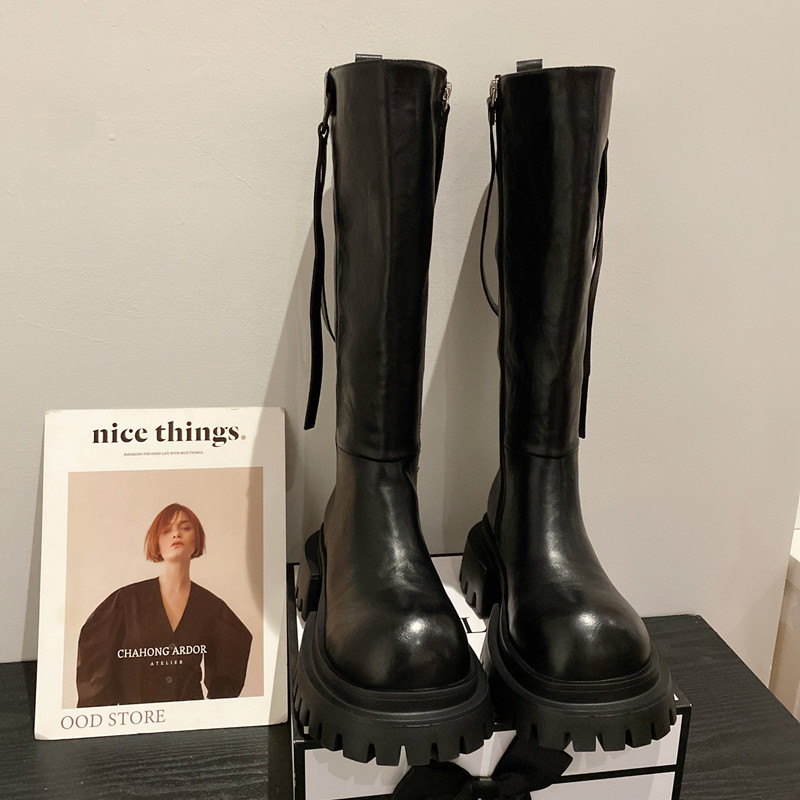 复古圆头增高厚底高筒骑士靴女