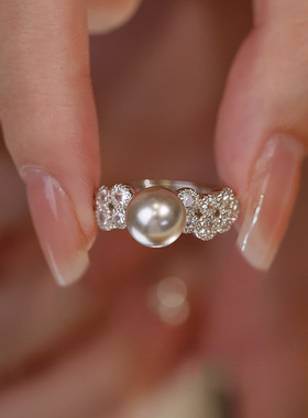 925纯银珍珠戒指女小众设计感蕾丝花朵戒指食指戒素圈可调节指环