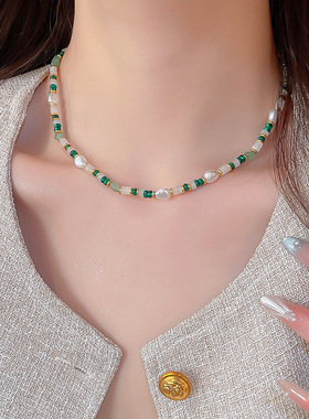 天然石珍珠绿色串珠项链新中式国风气质锁骨链小众级感项饰