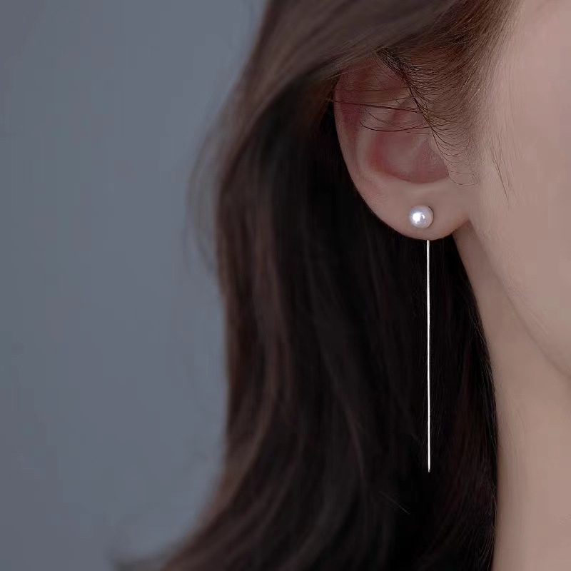 S925纯银珍珠长款流苏耳线养耳洞