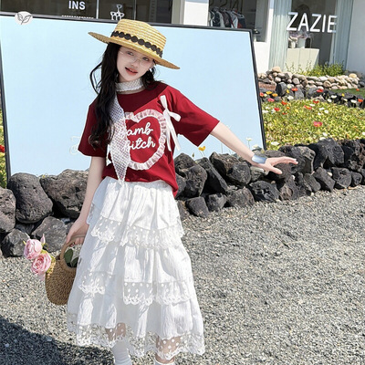 女童甜美夏季套装2026新款中大童花边爱心短袖蛋糕裙蕾丝边半身裙