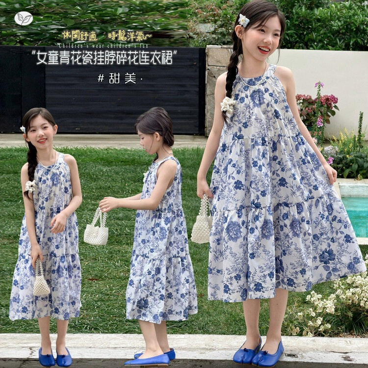 女童裙子2026夏季新款中大童青花瓷挂脖连衣裙国风长裙海边沙滩裙