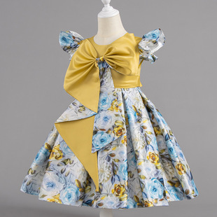 欧美气质大蝴蝶结花朵印花连衣裙儿童公主风甜美洋气 女童夏季