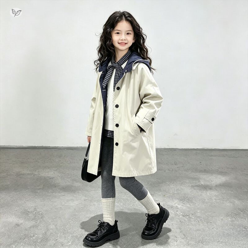 女童外套2026秋季新款中大童韩系中长款连帽儿童秋装大衣开衫风衣
