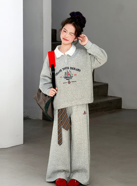 女童运动服套装2026秋季新款中大童绣花POLO衫卫衣阔腿裤儿童秋装