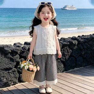 韩国女童花边衬衫格子裤套装-2026夏季新款洋气两件套网红童装潮