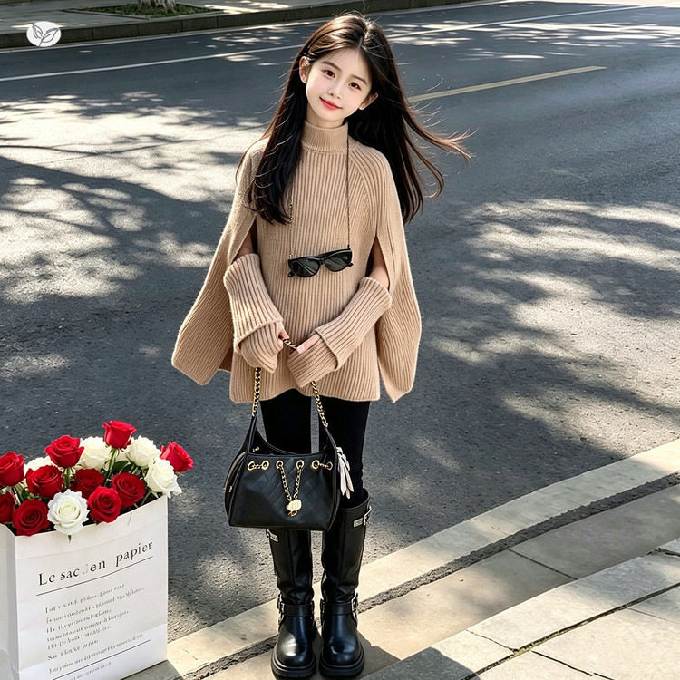 女童斗篷毛线披肩外套2026秋款慵懒风针织高领毛衣铅笔裤两件套装
