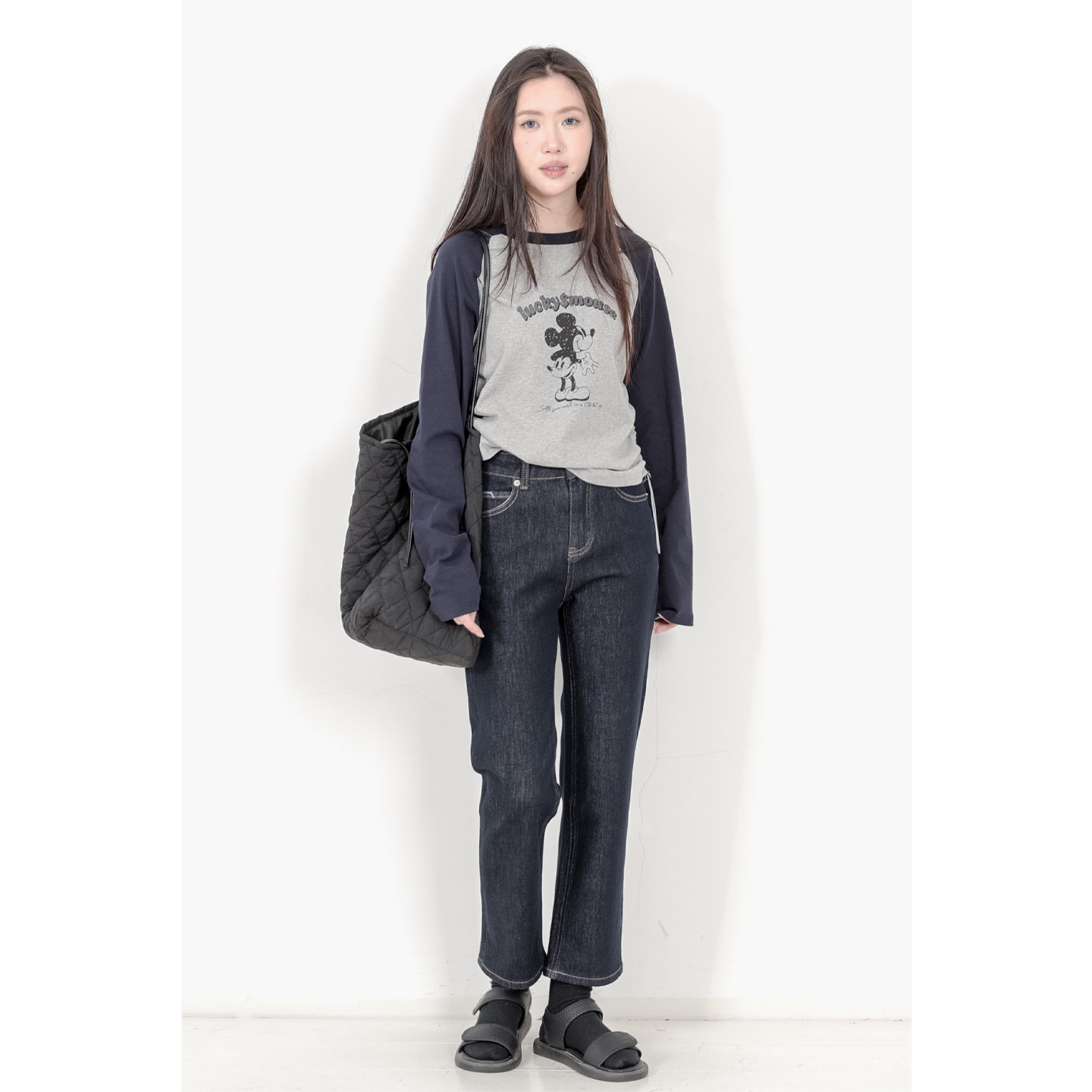 KNgs 秋季日系学院风拼接美式插肩袖米奇印花长袖圆领打底衫t恤女,女装/女士精品,T恤,淘宝优惠券,粉丝福利购,淘宝优惠卷