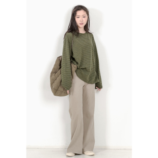 圆领打底衫 KNgs 学院风墨绿色宽松细条纹长袖 日式 T恤女 春季