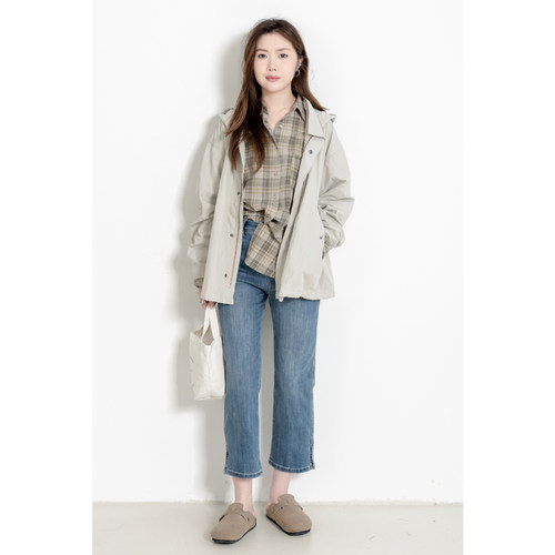 日系常规聚酯可脱卸帽子短外套