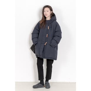 KNgs 冬款复古简约日式宽松牛角扣连帽中长款面包服羽绒服外套女