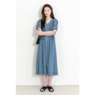 a字牛仔裙短袖 复古文艺简约宽松v领百褶长款 连衣裙女 夏季 KNgs