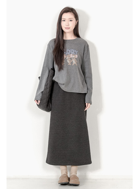 KNgs 秋冬日系复古风设计感磨毛加厚圆领杰瑞印花长袖打底衫t恤女