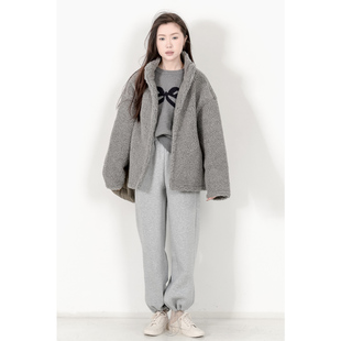 KNgs 冬季复古bf风纯色简约宽松立领加厚羊羔绒开衫外套女