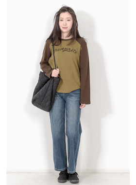 KNgs 秋季美式复古插肩袖宽松拼接印花长袖打底衫t恤女上衣