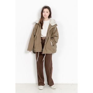 KNgs 冬季复古工装风宽松羊羔毛连帽纯色中长款棉衣派克服外套女
