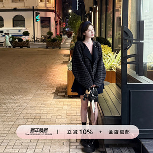 外套 翻领双面呢复古时髦显瘦短款 YIKOwow 羊驼毛羊毛细格纹月亮袖