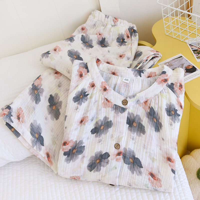 纯棉纱布睡衣女春秋长袖长裤开衫日系全棉透气家居服套装