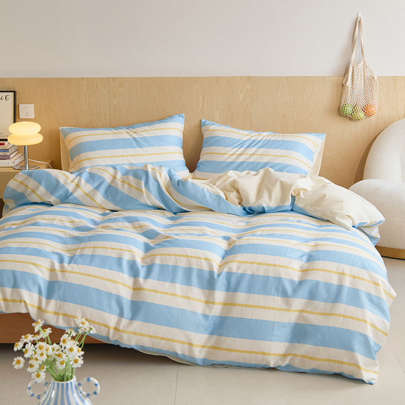 日式裸睡A类丨软糯纯棉双层纱四件套 条纹印花透气吸汗四季床笠式