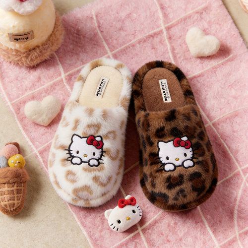 豹纹毛毛拖鞋女新款三丽鸥HelloKitty保暖居家防滑棉拖鞋女秋冬季