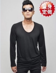 韩版男士修身圆领长袖T恤时尚纯棉低领打底衫 纯色男式U型长袖t恤
