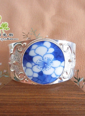手工925银清代青花老瓷手镯孤品