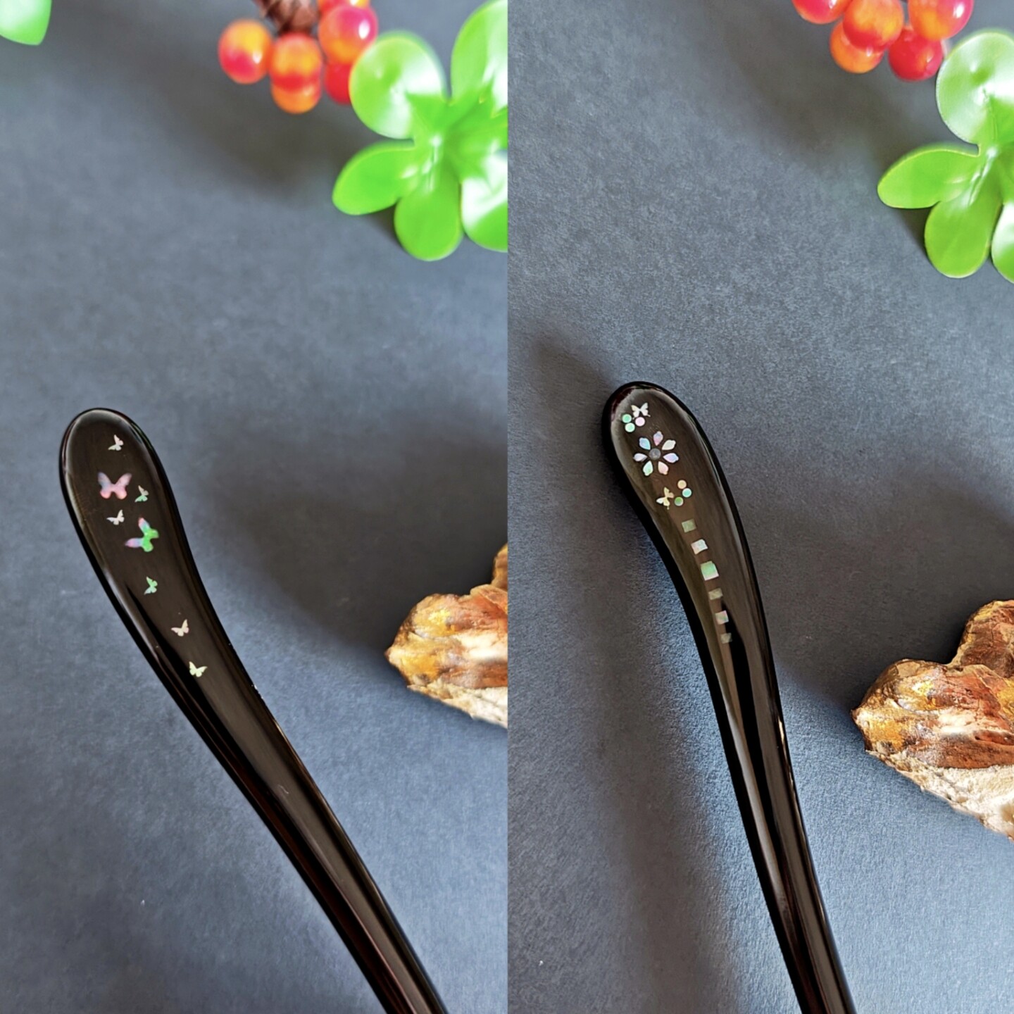 大漆器 纯手工双面螺钿镶嵌 新中式古风简约汉服 黑檀木盘发簪子