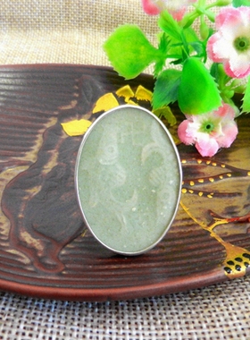 手工925纯银镶嵌 明龙泉 双鱼卍字 古瓷老瓷首饰 男女百搭 大戒指