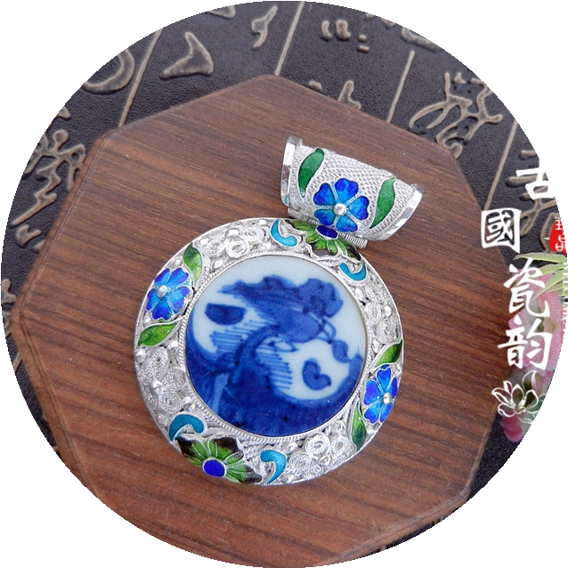 手工925纯银胎珐琅烧蓝花丝镶嵌 康熙青花凤 老瓷古瓷首饰 吊项坠