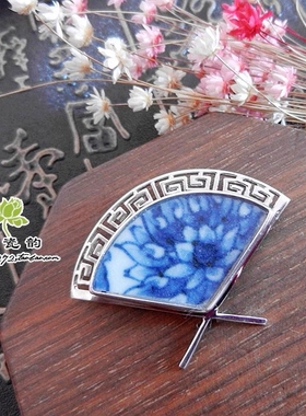 925纯银清青花凤老瓷片吊坠项坠