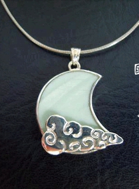 手工925纯银 康熙青釉剔刻 古瓷老瓷片首饰品 祥云月亮双面吊项坠