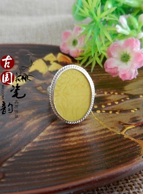 手工925纯银镶嵌 康熙御用官窑 黄釉暗刻龙纹 古瓷老瓷片首饰戒指