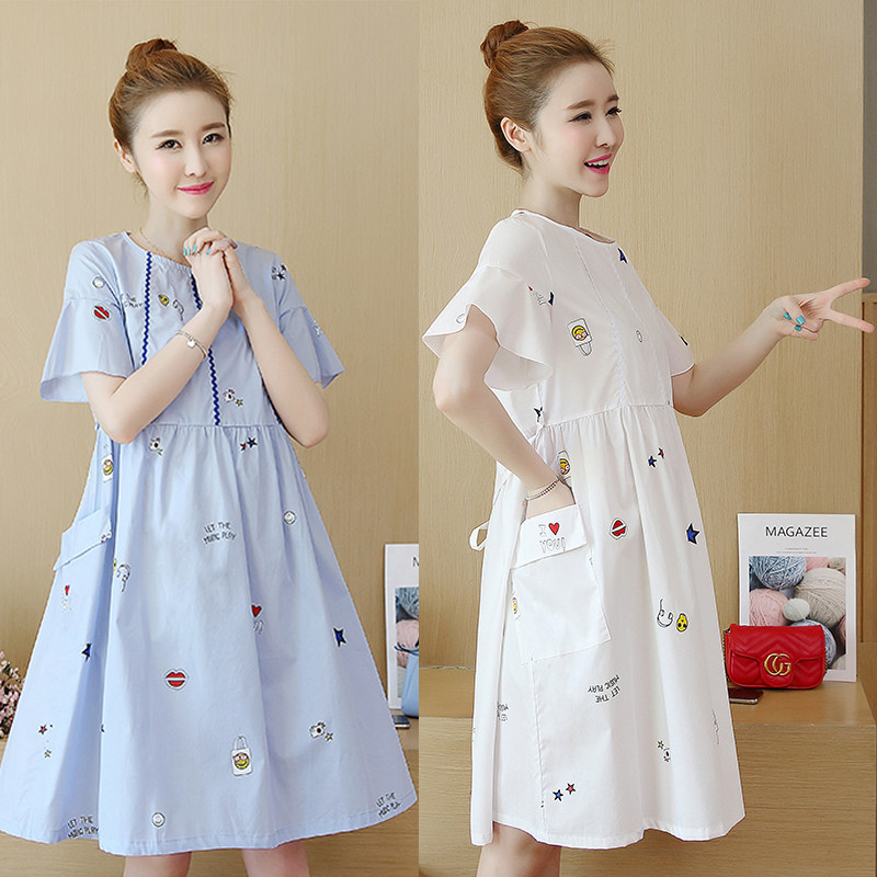 2019 summer new pattern pregnant woman Dress Mid length version fashion skirt pure cotton Easy pregnant woman Summer wear Short sleeved jacketin the Maternity/Maternal supplies/Nutrition , Maternity , Dress  category - from Buy2taobao.com to provide professional Taobao agent buy service