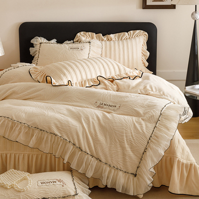 冬季加绒加厚牛奶绒床盖款四件套a类母婴级刺绣花高档法兰珊瑚绒