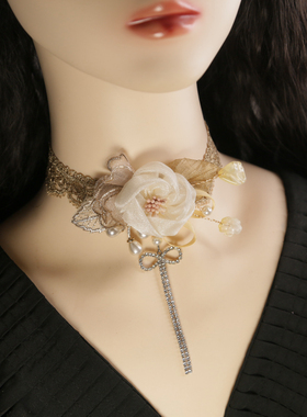 金色洛丽塔新款原创lolita锁骨颈链复古流苏珍珠时尚蕾丝花朵项链