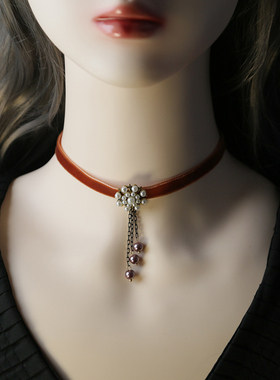 锁骨粉珍珠绒带颈链项链