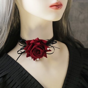 原创手链DIY甜美弹力雪纱绒带花边玫瑰花朵珍珠项链气质锁骨颈链