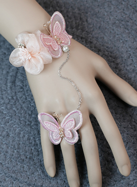 艾米米2021原创新款手工定制萝莉欧根纱蝴蝶连指戒指甜美复古手链