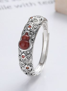 YES 做旧南红玛瑙小葫芦戒指S925银复古气质镂空纹路潮流开口对戒