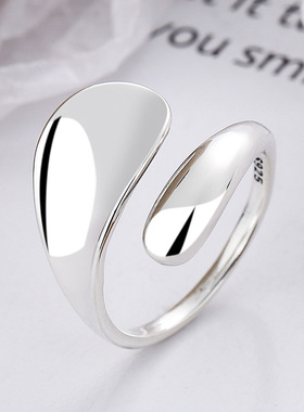 YES 水滴S925纯银ins冷淡风简约光面不规则造型潮流百搭开口戒指